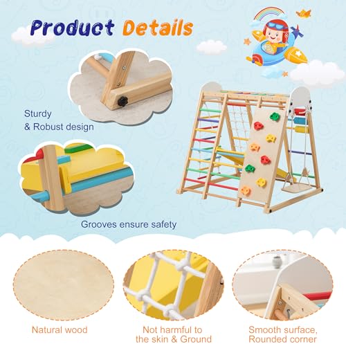 Large Wooden Indoor Jungle Gym 9-in-1 Playground Climbing Toys for Kids Ages 2-6, Waldorf Style Wooden Climber Playset with Slide, Monkey Bars, Ladder, Rope Ladder, Rock Climbing, Swing (9-in-1) - size: 9-in-1