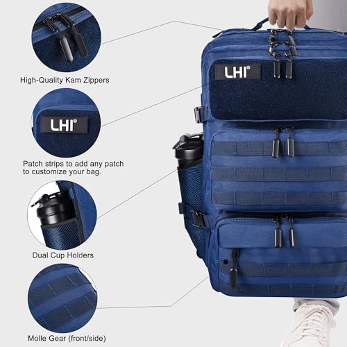 LHI Tactical Military Backpack for Men and Women 25L/35L Army Assault Pack Bag Small Rucksack with Bottle Holder - color: 50l-shoe Compartment(blue), size: Large