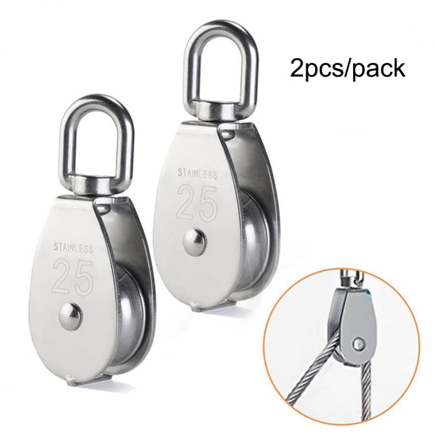 2Pcs M25 Single Pulley Block 304 Stainless Steel Swivel Cable Pulleys Wheel for Lifting/Hanging Pulley System, Heavy Duty Rope Single Wheel Kit, Max-Load 150kg/330lbs