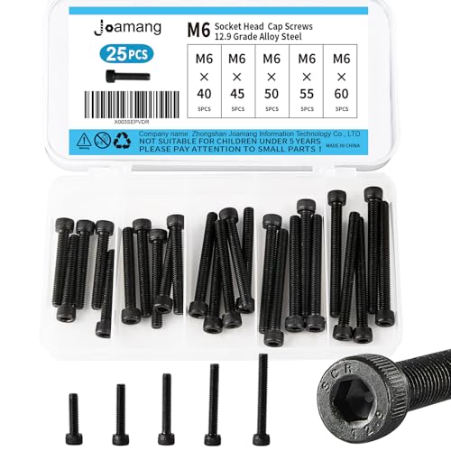 M6 x 40mm 45mm 50mm 55mm 60mm Hex Socket Head Cap Screws Bolts, 12.9 Grade Alloy Steel, Black Oxide Finish, Metric Allen Drive, Fully Threaded, Assortment Kit 25Pcs - size: Socket M6x40-60 mm