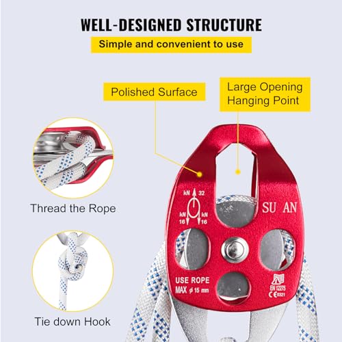 VEVOR Twin Sheave Block and Tackle 1/2 in x 100 ft Twin Sheave Block with Braid Rope 30-35 KN 6600-7705 lbs Double Pulley Rigging - size: 1/2" x 100