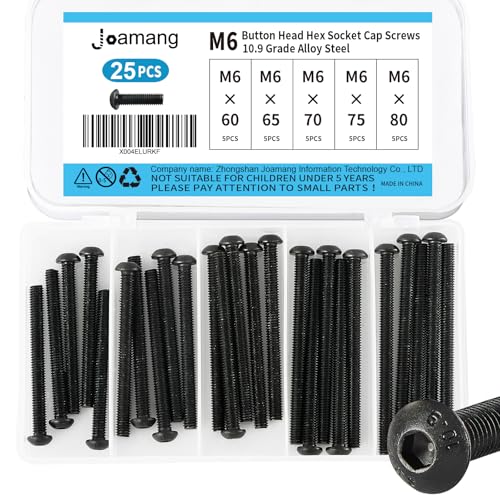 M6 x 60mm 65mm 70mm 75mm 80mm Button Head Socket Cap Screws Bolts, 10.9 Grade Alloy Steel, Black Oxide Finish, Metric Allen Hex Drive, Fully Threaded, Assortment Kit 25Pcs - size: Button M6x60-80mm