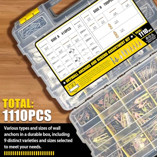 1100Pcs Drywall Anchors and Screws Kit for Drywall Hollow Wall Mount