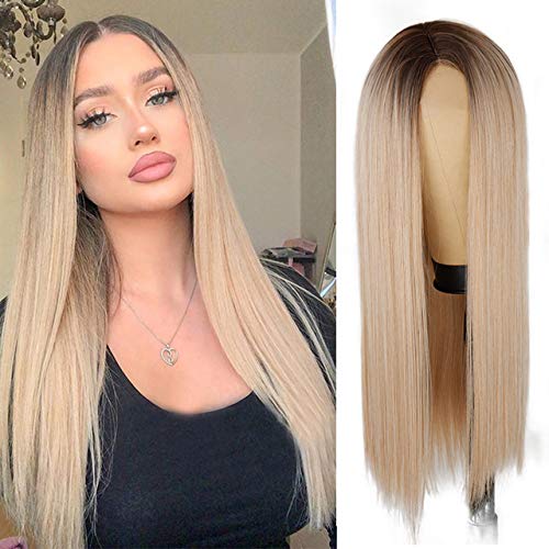 Xinran Straight Blonde Ombre Wigs For Women, Long Straight Blonde Wig Small Area Lace Front, Synthetic Ombre Blonde Wig 30 Inch
