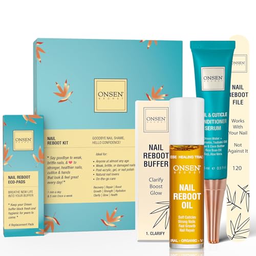 Onsen Secret Complete Nail Reboot Kit w/Cuticle Oil 10ml, Nail File 120/180 Grit Double Sided, A 3-Way Buffer Block & Cuticle Serum-15ml in Action | Super Value Pack - size: Complete Nail Reboot Kit