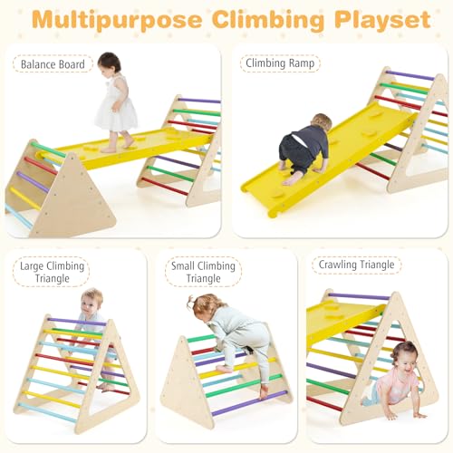 HONEY JOY Pikler Triangle Set, 5 in 1 Montessori Wooden Triangle Climber w/ 2 Stackable Ladders & Climbing Ramp, 3-Piece Baby Indoor Playground Jungle Gym, Climbing Toy for Toddlers, Colorful - style: 5 In 1 Yellow