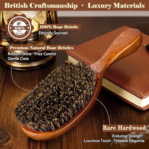 100% Boar Bristle Hair Brush Since 1965 British Craftsmanship | Handmade Natural Wooden Slick Back Hairbrush, Soft Bristles Gentle Smoothing Women Men Kids Thin Fine Hair, Anti Breakage - size: Large