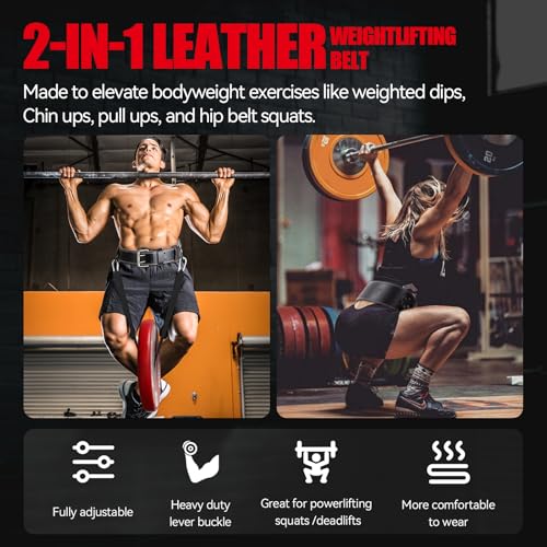 Jaffick Leather Weight lifting belt & 2-in-1 Dip Belt with Rope for Weightlifting Pull Up Gym Powerlifting Squat Bodybuilding Waist Support for Men Women - size: XL