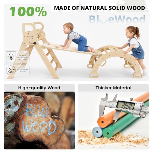 BlueWood Pikler Triangle Set with Cushion, Wooden Climbing Toys for Toddler | Foldable 8-in-1 Montessori Philosophy Toddler Climbing Toys Indoor with Reversible Ramp, Arch and Ladder - Natural Wood - color: Natural Wood