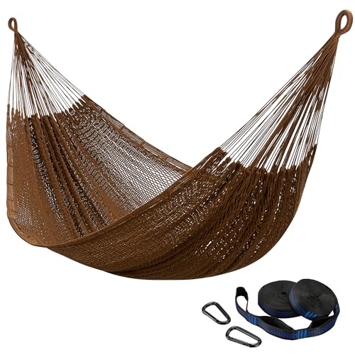 CHULIM Handwoven Mayan Hammock with 10ft Tree Straps, 550lbs Capacity Soft Rope Double Hammock, Portable Outdoor Hammock with Carry Bag for Camping Backyard Beach - Coffee - color: Coffee