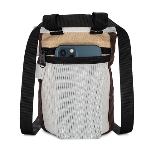 Oso Supply Co - Waxed Canvas Chalk Bag - Zipper Pocket & Mesh Pouch for Bouldering, Rock Climbing, Gym, Weightlifting – Water-Resistant, Adjustable Belt, Wide Opening - color: Espresso / Tan