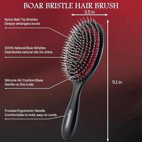 STYLEMATE Boar Bristle Hair Brush for Women Men, Stiff Nylon Pins and Natural Soft Boar Bristles for Thick & Fine Hair,Not waterproof - Large Paddle Smoothing Hairbrush for Detangling, Defining, Shine