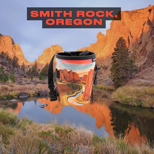 Rock Climbing Chalk Bag | for Outdoor, Gym, & Bouldering | Adjustable Waist Belt, Durable Drawstring Closure, & Zippered Pocket - style: Smith Rock