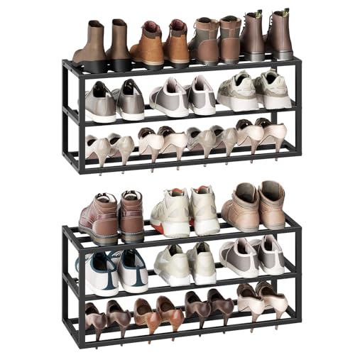 HOOBRO Wall Mounted Shoe Rack, 2-Pack Hanging Metal Shoe Storage Organizer, 3-Tier Vertical Shoe Holder, Metal Shoe Shelf for 18-24 Pairs, Entryway, Hallway, Closet, Black BK33XJP201