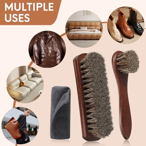 3pcs 100% Horse Hair Shoe Brush Kit Shoe Shine Kit Beech Wood Leather Care Set Suede Boot Cleaner Polish Applicator Dauber Buffing Cloth Soft Natural Bristles Men Gift Box for Boots Shoes Sneakers Car