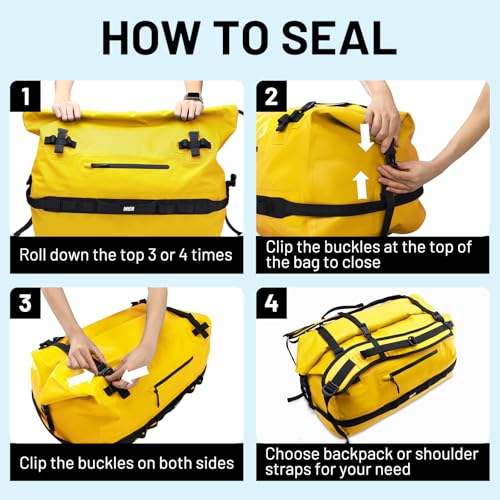 MIER Large Waterproof Duffel Bag - 60L/80L Dry Bag Backpack | Detachable Backpack Straps; Multi-Pockets; Roll-Top with Hook-and-Loop Closure; Motorcycle, Kayaking, Gym, Beach, Boating - color: Yellow, size: 80L