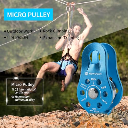 Fixed Plate Micro Pulley,28KN CE Certified General Purpose Small Aluminum Rope Pulleys for Climbing/Aloft Work/Rappelling/Rescue Etc - color: Pack of 2(28KN Pulley Blue