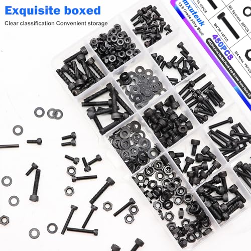 mxuteuk 450PCS M3 M4 Screws Assortment Set,6/8/12/16/20mm Screws Bolts Nuts Kit 12.9 Grade Alloy Steel Hex Socket Head Cap M3 M4 Bolts with Hex Wrench - size: 450PCS M3 M4, style: Hex Socket Head