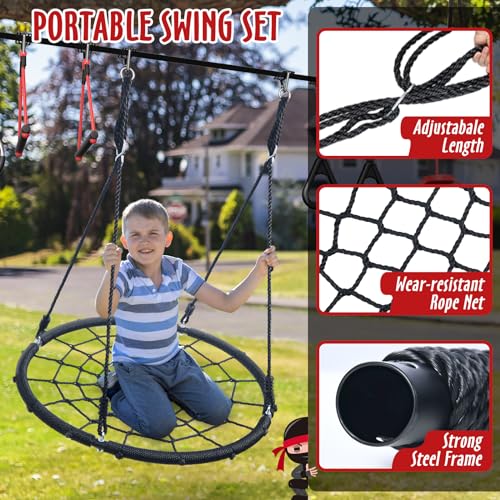 50 ft Ninja Warrior Obstacle Course for Kids with Spider Tree Swing | Slackline Swing Set Jungle Gym Between Trees – Adjustable, Weatherproof Obstacles, 880lbs Capacity