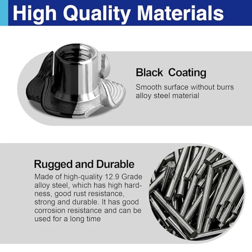 100PCS 1/4"-20 T Nuts for Wood, Carbon Steel 4-Prong Tee Nuts | Threaded inserts for wood panels, furniture and climbing wall holds - color: 100 Pack 1/4"-20