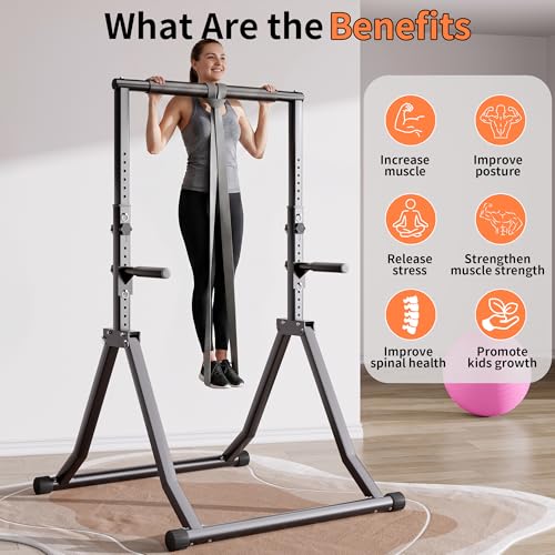 Foldable Pull Up Bar Station 66.1''-84.6'' Power Tower - color: 66"-85" with Dual Dip Handles & Assistance Bands