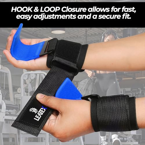Weight Lifting Hooks (Pair) for Deadlifts, Pull Ups, Rows & Shrugs - Anti-Rip Nylon Strap Hand Grips with Thick Wrist Padding - Heavy Duty Wrist Straps for Weightlifting & Gym Workouts - color: Blue Black