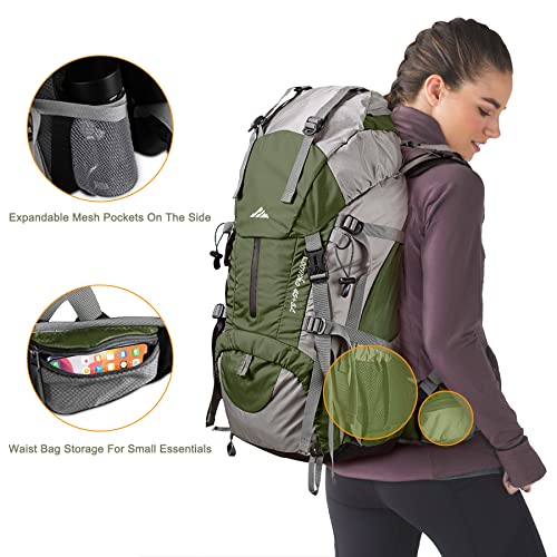 Loowoko 50L Hiking Backpack, Waterproof Camping Essentials Bag with Rain Cover, 45+5 Liter Lightweight Backpacking Back Pack - color: Green