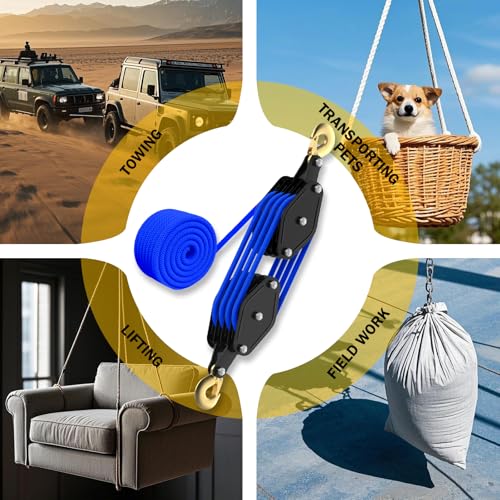 YATOINTO Rope Hoist Pulley System, 4400LB Pulley Block and Tackle, 8:1 Ratio Lifting Power 65ft, Heavy Duty Pulley Block for Hunting Lifting Heavy Objects Garage Warehouses Building (Blue) - color: Blue(Powder Coating)