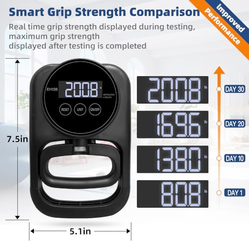 Grip Strength Tester Hand Gripper - Grip Strength Trainer Hand Dynamometer Handheld Meter LED Display Comfortable 265 Lbs / 120 Kgs Finger Strengthener for Sports Home School Gym Use - color: Black