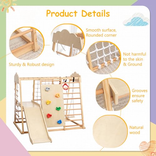 8-in-1 Wooden Indoor Jungle Gym for Toddlers, Montessori Climbing Playset with Slide, Swing, Climbing Net, Rings, Monkey Bars – Indoor Playground for Kids Ages 3-8 - size: 8-in-1