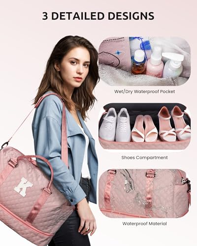 Gift for Girls-5 6 7 8 9 10 11 12 13 14 15 16 Year Old-Duffle Bags | with Shoe Compartment, Personalized Weekender Bag, Travel Bag with Makeup Bags, Gifts for Women Birthday Unique (Letter H) - color: Pink, style: H
