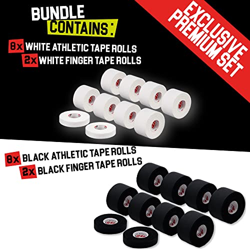 Black & White Athletic Tape Extremely Strong: 16 Rolls + 4 Finger Tape. Easy to Apply & No Sticky Residue. Sports Tape for Boxing, Football, or Climbing. Enhance Joints Protection Now