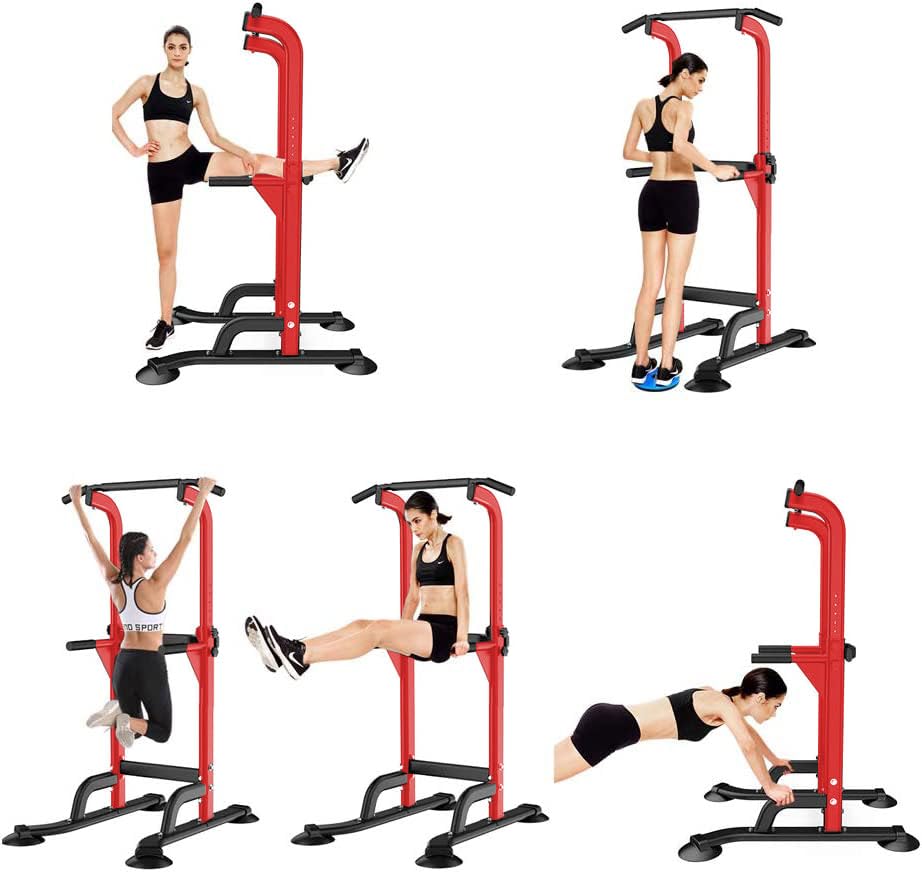 SogesHome Multi-Function Power Tower Pull Up Bar Dip Station for Home Gym | Height Adjustable PullUp Dip Stand, Full Body Strength Training Equipment, Fitness Workout for Push Ups Dips, 330LB Capacity - color: Red