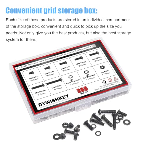 DYWISHKEY 386 Pieces M4 Black Screws, 10.9 Grade Alloy Steel M4x 5/6 /8/10 /12/16 /20mm Button Head Socket Cap Screws Bolts Nuts Washers Assortment Kit - size: M4, style: Button Head Socket Cap