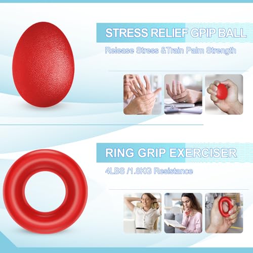 ACOTANT Grip Strength Trainer(5 Pack) with Finger Exerciser, Hand Grip Strengthener, Finger Stretcher,Grip Ring & Stress Relief Ball for Muscle Building and Injury Recover with Carry Bag - color: RED