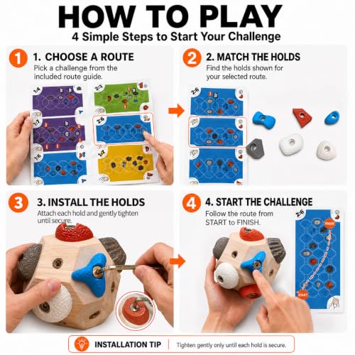 Boulder Block Rock Climbing Grip Trainer - 12 Unique Resin Holds with Color-Guided Training Paths, Premium Wood Finger Strength Trainer for Climbers, Portable Bouldering Gift for Men & Women