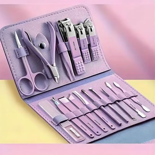 16PCS Professional Manicure & Pedicure Set Stainless Steel Nail Care Kit Travel Manicure Kit, Purple - color: Purpel