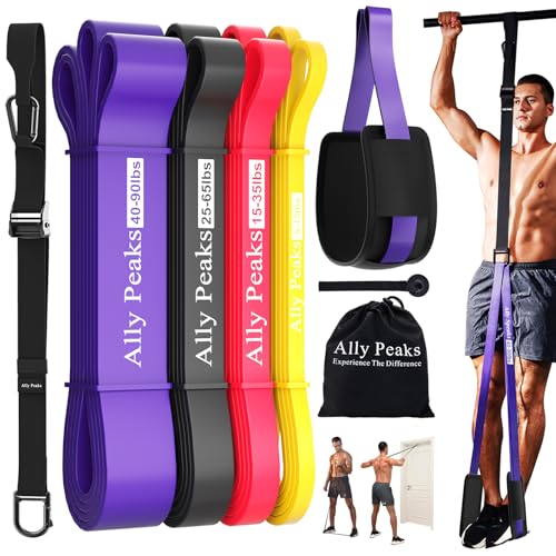 Ally Peaks Pull Up Assistance Bands，Heavy Duty Resistance Band for Pull Up Bar，Adjustable Weight/Size with Fabric Feet/Knee Rest Pull up bands,Up to 410lbs Assistance，resistance bands and assist bands - style: 4 resistance bands+Fabric Feet