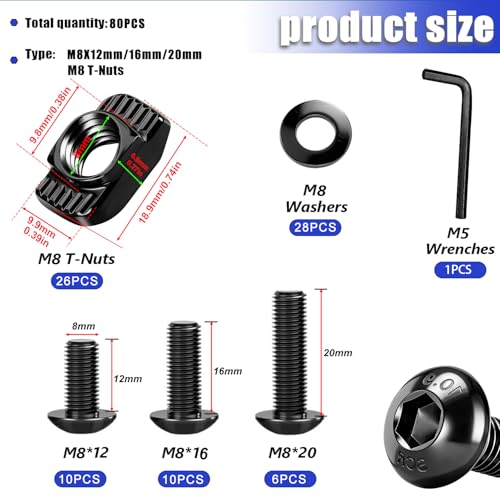 Taiss 80PCS M8 T-Nuts Screws Kit for 4040 4080 Series Aluminum Extrusion Black Carbon Steel M8x12/16/20mm Button Head Socket Cap Head Bolts and Drop in T-Nuts & Washers with Hex Wrench - size: 80PCS M8 T-Nuts Screw Kit