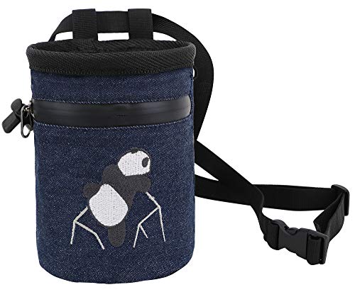 AMC Rock Climbing Panda Embroidered Chalk Bag with Zipper Pocket - color: Denim Blue