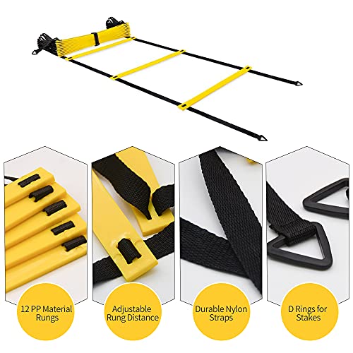 12 Rungs Agility Ladder Set, Training Ladder with Steel Stakes and Carry Bag for Soccer, Speed Fitness Feet Training - color: 2 Pack-Yellow