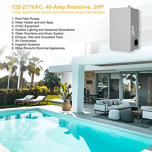 SURAIELEC Digital Pool Timer, 40Amp 2HP, 120/240/277VAC, 24-Hour Display | 7-Day Programmable Digital Timer Switch, Outdoor Indoor Timer Box for Pool Pump, Water Heater, Lights, Powerful Appliances - style: 120-277VAC 1-2HP