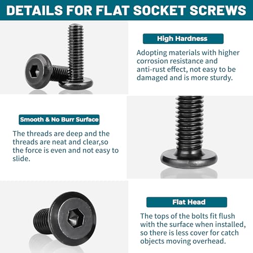 61Pcs M6 Flat Head Hex Socket Cap Screws Assortment Kit, M6 x 12mm/15mm/20mm/25mm/30mm/35mm/40mm/50mm/60mm Socket Cap Bolts,304 Stainless Steel 18-8, Full Thread, Black Oxide with Hex Spanner - size: M6