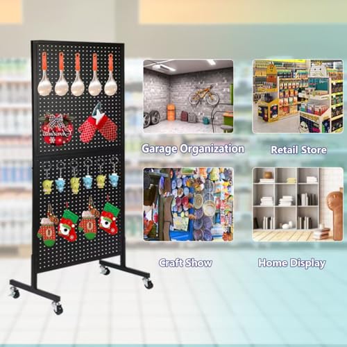 NectaCol 2'x 5' Standing Pegboard Display with T-Base, Pegboard Display Stand with Wheels, Metal Peg Board Display Rack, Art Display Stand, Extra 10 Pieces Hooks - Black - size: 1-Pack Black