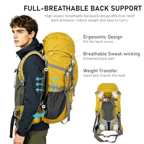 50L Hiking Camping Backpack for Men Women Lightweight Backpacking Back Pack | Waterproof Travel Outdoor Sport Climbing Daypack with Rain Cover - color: Yellow