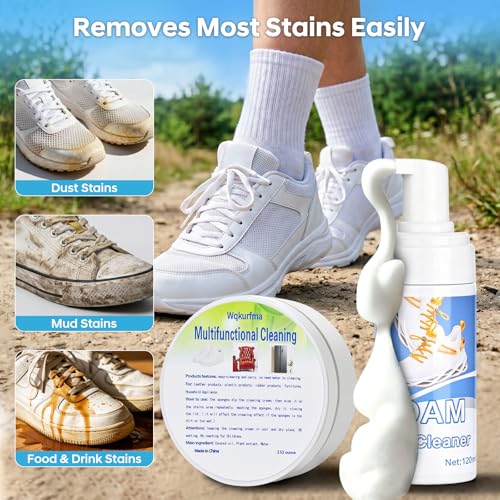 2PCS Shoe Cleaner,Portable Shoe Cleaning Kit for Travel,Business Trips,Gym | Deep Cleaning Shoe Sole Cleaner,13.1 OZ Foam Sneaker Cleaning Kit with Brush Towel Sponge,Sneakers Cleaner for White Shoes