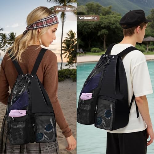 Beach Backpack with Wet Pocket Drawstring Mesh Beach Bag Waterproof Swimming Pool Backpack for Men and Women - color: Black
