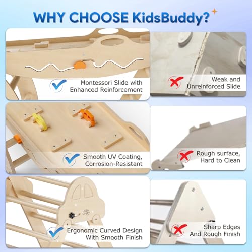 Pikler Triangle Set with Cushion 9 in 1 Foldable Montessori Climbing Toys for Toddlers 1-3 Indoor Wooden Kids Playground Baby Climbing with Maze Toys, Shape Sorter Toys, Car