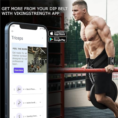 Vikingstrength Dip Belt for Weight Lifting Including Wrist Wraps. Premium Padded Dips Belt with Long Chain for Pullups Triceps Weighted belt for Workout Powerlifting + V-Strength Workout App