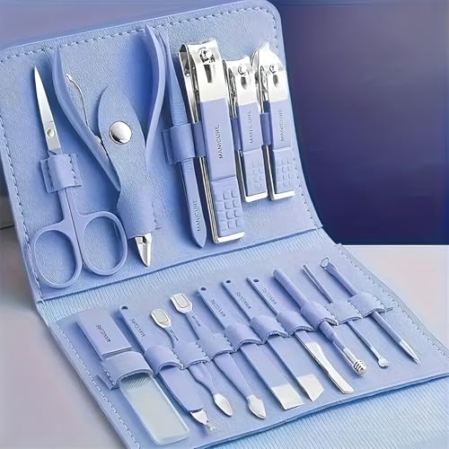 16PCS Professional Manicure & Pedicure Set Stainless Steel Nail Care Kit Travel Manicure Kit, Blue - color: Blue